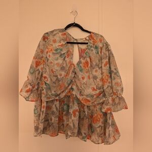 Orange Asymmetrical Blouse with 3/4 Sleeves and Bib Collar